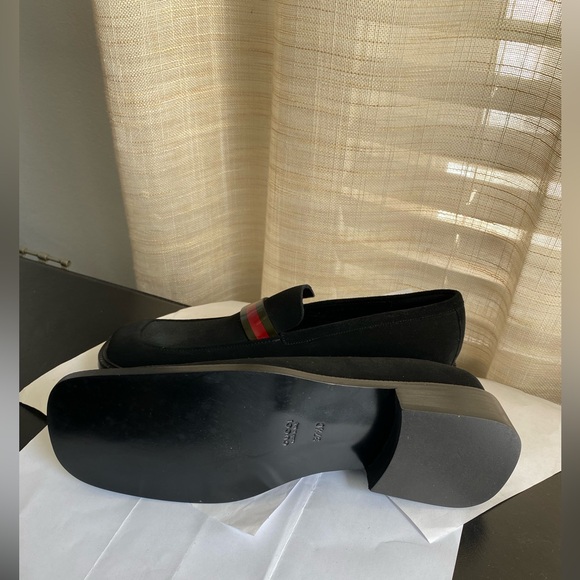 Gucci Black Loafers Red Stripe slip ons slides moccasins 37.5 derbys suede - Picture 6 of 8